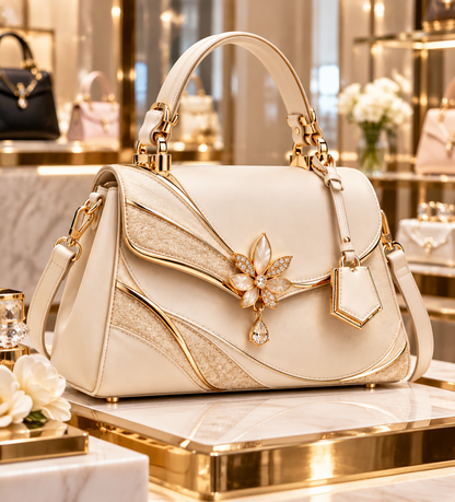 Elegant Butterfly Embellished Leather Handbag – Ivory Edition