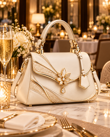 Elegant Butterfly Embellished Leather Handbag – Ivory Edition