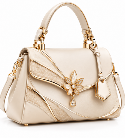 Elegant Butterfly Embellished Leather Handbag – Ivory Edition