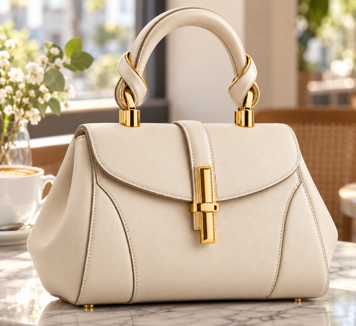 Luminance Minimalist Top Handle Handbag – Ivory Gold Edition